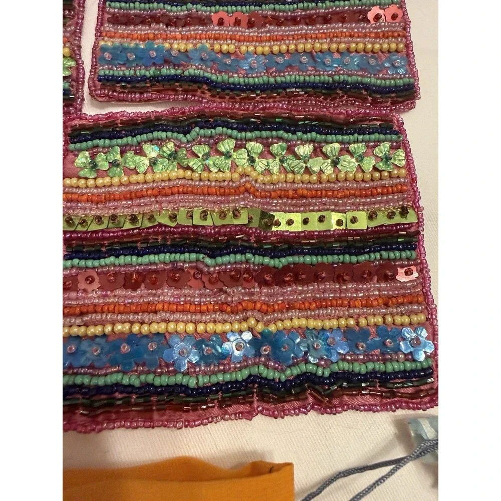 Beautiful Vintage Beaded Multi Colored Square Coasters In A Drawstring Bag.
